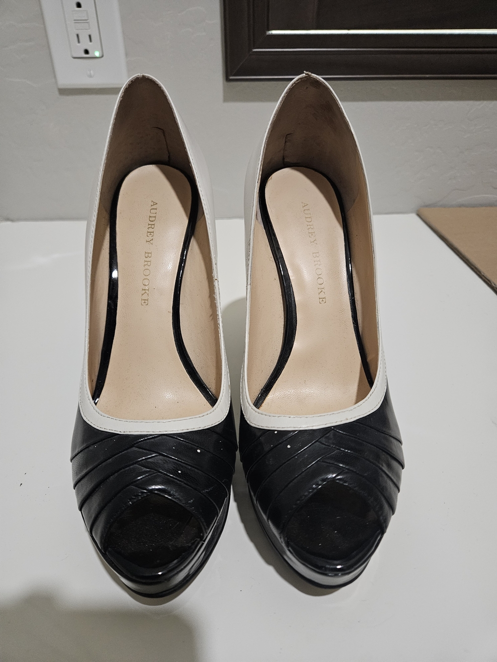 Audrey Brooke Black and White Peep-Toe Platform Pumps